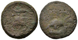 Sicily, Akragas, c. 425-406 BC. Æ Tetras (22mm, 10g). Eagle standing r. on hare, behind crab, Rv. Rv. Crab, below three pellets and shrimp. SNG ANS 10...
