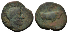 Sicily, Gela, c. 420-405 BC. Æ Tetras or Trionkion (17mm, 2.9g). Bull standing left; olive leaf above, three pellets (mark of value) in exergue. R/ Ho...