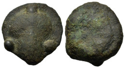 Sicily, Selinos, c. 450-440 BC. Cast Æ Tetras or Trionkion (19,3mm, 8.6g). Head of female right. R/ Selinon leaf; three pellets (mark of value) around...