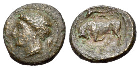 Sicily. Syracuse. Agathokles (317-289 BC). Æ (15mm, 3.41g, 3h). Head of Arethusa to l., wearing pendant earring and pearl necklace; uncertain symbol b...