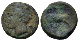 Sicily, Syracuse. Hieron II (275-215 BC). Æ (19,8mm, 5.9g). Wreathed head of Kore to l.; bucranium behind. R/ Bull butting to l.; above, club. CNS II,...