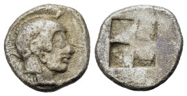 Macedon. Akanthos, c. 478-465 BC. AR Diobol (11mm, 1.15g). Head of Athena to r., wearing crested Attic helmet with a visor, hoop earring and necklace....