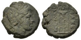 Macedon, Amphaxioi, c. 196-168 BC. Æ (19mm, 6.75g,). Thessalonica mint. Laureate head of Apollo r. R/ Tripod; monogram to outer l. ACULA Series 2, Var...
