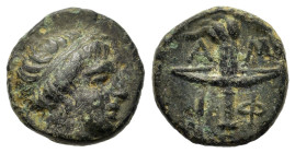 Macedon. Amphipolis, c. 410-357 BC. Æ Dichalkon (10,50mm, 1.14g). Head of Apollo to r., wearing taenia. R/ A-M-Φ-I Lighted race torch, within linear s...