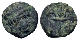 Macedon. Amphipolis, c. 410-357 BC. Æ Dichalkon (11mm, 1g). Head of Apollo to r., wearing taenia. R/A-M-Φ-I Lighted race torch, within linear square. ...