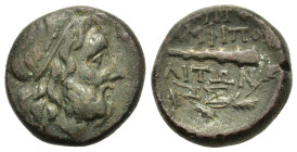 Macedon, Amphipolis, c. 187-168/7 BC. Æ (17mm, 6.3g). Head of Poseidon r., wearing tainia. R/ Club; monogram above, plow and monogram below; all withi...
