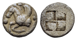 Macedon, Argilos, c. 495-478/7 BC. AR Thirty-Second Stater (7mm, 0.35 g). Forepart of winged Pegasos l., pellets to around. R/ Quadripartite incuse sq...