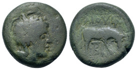 Macedon, District Bottiaia, under Roman rule. Gaius Publilius, Quaestor (Circa 148-146 BC). Æ (18,8mm, 7.8g). Helmeted head of Athena r. R/ Cow standi...