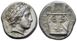 Macedon, Chalkidian League, c. 364-348 BC. AR Tetradrachm (22,7mm, 14.4g). Olynthos, circa 364-348 BC. Laureate head of Apollo right. R/ XAΛKIΔEΩN aro...