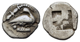 Macedon, Eion, c. 460-400 BC. AR Obol (12,5mm, 1.1g). Goose standing to right, head to left; lizard to left above. R/ Quadripartite incuse square. SNG...
