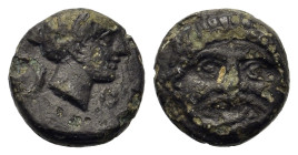 Macedon, Neapolis, c. 375-350 BC. Æ (10,4mm, 1.3g). Facing gorgoneion, with tongue protruding. R/ Head of nymph to right; grasshopper(?). HGC 3.1, 591...