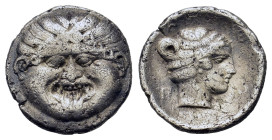 Macedon, Neapolis, c. 375-350 BC. AR Hemidrachm (14,2mm, 1.7g). Facing gorgoneion. R/ Head of nymph right. AMNG III/2, 12; HGC 3, 588.