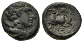 Macedon, the Bottiaei. Pella, time of Philip V-Perseus, c. 168-148 BC. Æ (15,5mm, 5.34g). Head of Pan to r., lagobolon over shoulder. R/ Two recumbent...