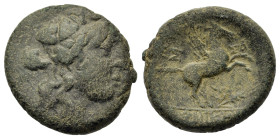 Macedon. Thessalonica, c. 187-168/7 BC. Æ (19,5mm, 6.65g). Wreathed head of Dionysos to r. R/ ΘΕΣ – ΣΑ / ΛΟΝΙΚΗΣ Pegasos leaping r.; below to r., grai...