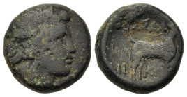 Macedon. Thessalonica, after 148 BC. Æ (17.5 mm, 7.40g). Head of Dionysos to r., wearing ivy wreath. R/ΘΕΣΣΑ-ΛΟ-ΝΙ-ΚH-Σ Goat standing to r.; above and...