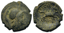 Macedon, Thessalonica, after 148 BC. Æ (18,5mm, 5.2g). Head of Athena in Corinthian helmet r. R/ Horse galloping to right; thunderbolt below. AMNG III...