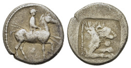 Kings of Macedon. Perdikkas II (451-413 BC). AR Tetrobol (14,8mm, 2.5g). Heavy Macedonian standard. Aigai mint(?). Struck circa 432-422 BC. Warrior, w...
