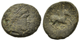 Kings of Macedon. Philip II (359-336 BC). Æ Unit (20mm, 5.55g), uncertain mint in Greece. Diademed head of Apollo to r.; R/ ΦΙΛΙΠΠΟΥ Youth on horsebac...