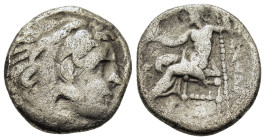 Kings of Macedon. Alexander III the Great (336-323 BC). AR Drachm (17mm, 3,80 g.). Head of Heracles right, wearing lion skin headdress, paws tied befo...