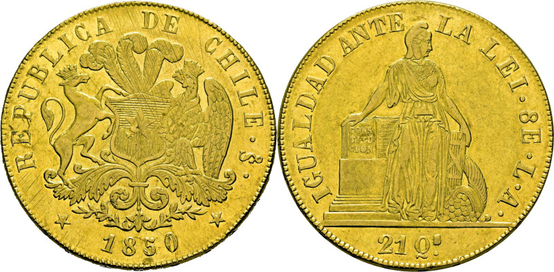 CHILE. Santiago. 8 escudos. 1850. LA. KM108. 26´95 g. Algunas leves finas suaves...