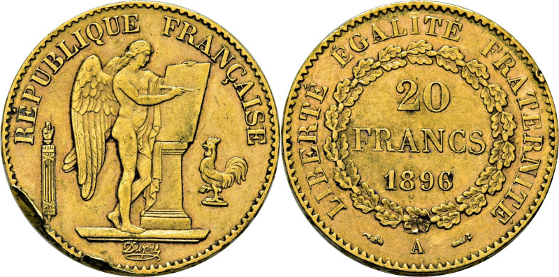 FRANCIA. París. 20 francos. 1896 A. KM825. 6´44 g. Fortísimos dos golpes en cant...