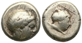 LESBOS. Mytilene. EL Hekte (Circa 377-326 BC).
Obv: Laureate head of Apollo right.
Rev: Female head (Artemis?) right within linear border.
Bodenstedt ...