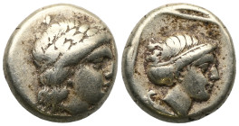 Greek
LESBOS. Mytilene. Circa 377-326 BC. Hekte (Electrum). Laureate head of Apollo to right. Rev. Head of a female to right, her hair bound in sakkos...