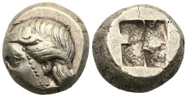 Greek
IONIA. Phokaia. Circa 387-326 BC. Hekte (Electrum). Head of a female to left, wearing single-pendant earring; below, small seal to left. Rev. Qu...