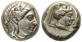 LESBOS. Mytilene. EL Hekte (Circa 377-326 BC).
Obv: Laureate head of Apollo right.
Rev: Female head (Artemis?) right within linear border.
Bodenstedt ...