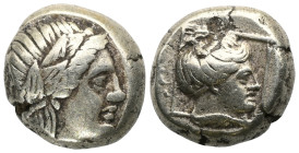 LESBOS. Mytilene. EL Hekte (Circa 377-326 BC).
Obv: Laureate head of Apollo right.
Rev: Female head (Artemis?) right within linear border.
Bodenstedt ...