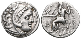 Greek
 Kings of Macedon, Alexander III 'the Great', AR Drachm, (Silver), 336-323 BC.Kolophon.
Obv: Head of Herakles right, wearing lion skin.
Rev: AΛΕ...