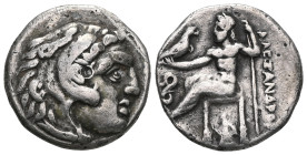 Greek
Kingdom of Macedon, AR Drachm. In the name and types of Alexander III. , circa 310-301 BC. Head of Herakles right, wearing lion skin headdress /...