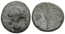 Greek
KINGS OF MACEDON. ( Bronze) Kassander (316-297 BC). Ae. Uncertain Macedonian mint.
Helmet left.
Rev: BAΣIΛEΩΣ / KAΣΣANΔΡOΥ. Spear head.
SNG Münc...