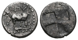 Greek
Thrace, Byzantion. AR Hemidrachm. Circa 340-320 BC.
Obv: Bull standing left on dolphin left.
Rev: Stippled quadripartite incuse square.
Ref: SNG...