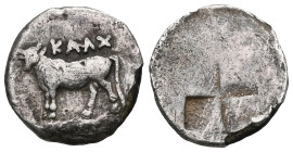 Greek
BITHYNIA, Kalchedon. 387-340 BC. AR Hemidrachm .
Bull standing on grain ea.
Quadripartite, granulated incuse square, countermarked.
SNG.Cop.352v...