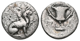 IONIA. Teos. Hemidrachm (Circa 4th century BC). Eudemos, magistrate.
Obv: Griffin seated right, raising forepaw.
Rev: THI / EY? - HMO?.
Kantharos.
SNG...