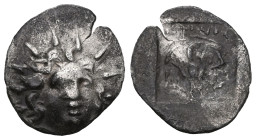 Greek
Islands off Caria. Rhodos circa 170-150 BC. Artemon, magistrate
Plinthophoric Hemidrachm AR
Radiate head of Helios facing slightly right / Rose ...