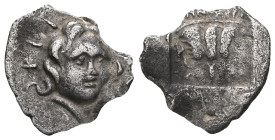 Greek
Islands off Caria. Rhodos circa 170-150 BC. Artemon, magistrate
Plinthophoric Hemidrachm AR
Radiate head of Helios facing slightly right / Ro...