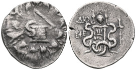 GREEK COINS
MYSIA. Pergamon. (Circa 166-67 BC).Cistophor.
Obv : Cista mystica with serpent; all within ivy wreath.
Rev : Bowcase between two serpents....