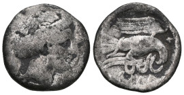 GREEKS
EUBOEA. CHALKIS.
Drachma , 338 - 308 BC Obv.: Head of the eponymous nymph to the right. Rev.: ΧΑΛ, eagle flying to the right, holding a coiled ...