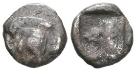 Greek coins
Mysia, Cyzicus
Obol circa 450, AR . Forepart of boar l., behind, tunny. Lion’s head l. within incuse square. von Fritze, Silberprägung Kyz...