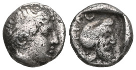 Greek
MYSIA, Pergamon. Circa 400 BC. AR Obol . Laureate head of Apollo right / Bearded head right, wearing Persian tiara, within incuse square. Von Fr...