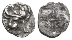 IONIA, Teos. Circa 450-425 BC. AR Trihemiobol . Reduced standard. Griffin seated right, forepaw raised; griffin’s head to right / Quadripartite incuse...