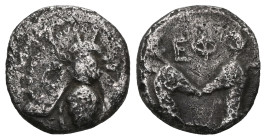 Greek
Ionia, Ephesos. AR, OBOL. Circa 390-325 BC.
Obv.: E - Φ. Bee.
Rev.: EΦ. Confronted heads of stags.
Ref.: SNG Kayhan I 208ff (Diobol); SNG von Au...