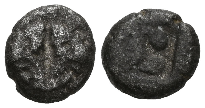 CARIA. Uncertain mint. Circa 500-450 BC. Obol (Silver). Two confronted bull's he...
