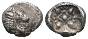 Miletus
Obol circa 500-494, AR . Forepart of lion r., with open jaws and tongue protruding. Rev. Floral pattern in incuse square. SNG von Aulock 2082....