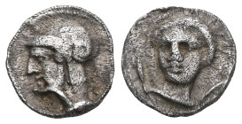 CILICIA. Tarsos. Pharnabazos (Persian military commander, 380-374/3 BC). Obol. Obv: Female head facing slightly left. Rev: Bearded head left, wearing ...