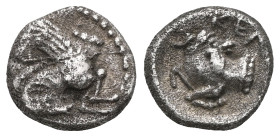 Greek coins
Cilicia, Celenderis
Obol circa 400-350, AR . Forepart of Pegasus l. Rev. Forepart of goat l. SNG Levante –. SNG von Aulock –. Traite –. ...