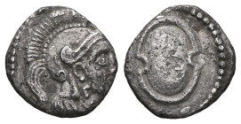 CILICIA. TARSOS.
Balakros, 333 - 323 BC. Obol . Mint of Tarsos. Obv.: Head of Athena with Attic helmet to the right. Rev.: B, shield. SNG Levante 123;...