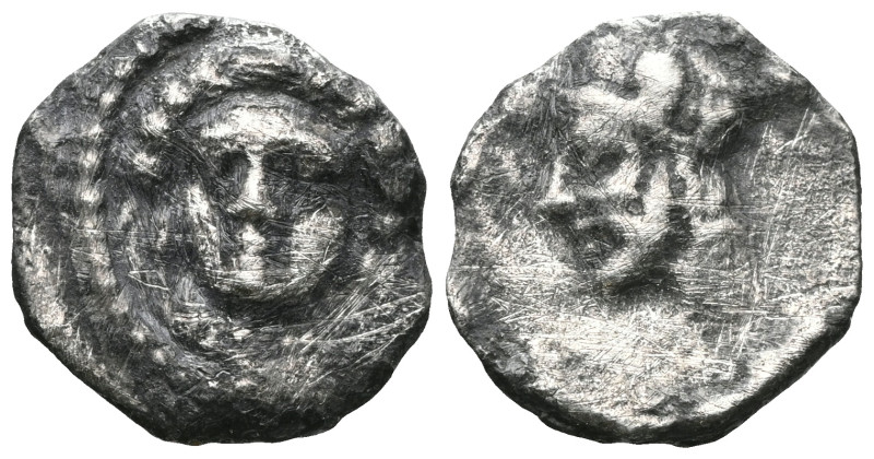 Greek Coins , Obol , bust of female facing, rev bust of Herakles, lion’s skin ar...